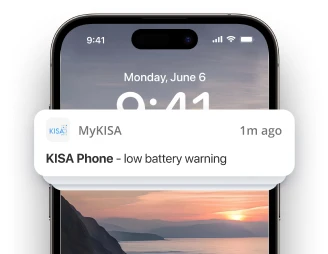 Smartphone notification displaying a 'low battery warning' from the MyKISA app for a KISA Phone