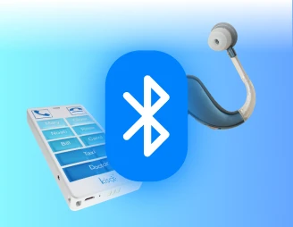 KISA Phone beside a Bluetooth icon and a hearing aid, illustrating the device's compatibility with wireless technology and accessibility aids.