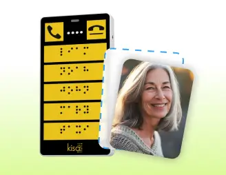 KISA Phone displaying Braille interface next to a smiling elderly woman's photo, highlighting accessibility features for visually impaired users