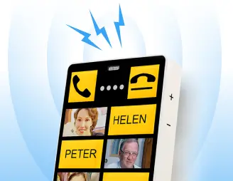 KISA Phone displaying high-contrast large buttons with names and pictures for easy calling, highlighted by dynamic blue lightning bolts.