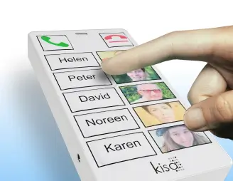 Close-up of a hand pressing the 'Peter' contact button on a KISA Phone, showcasing the large, easy-to-press buttons with names and photos.