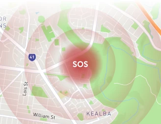 Digital map display showing an SOS alert over a specific location, indicating an emergency call activation on a city map