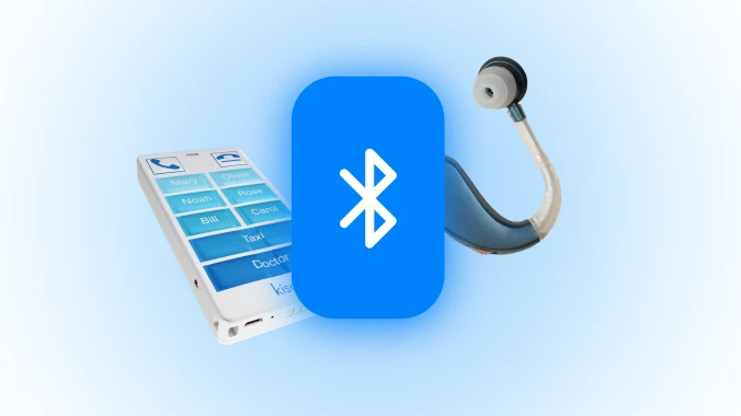 KISA Phone beside a Bluetooth icon and a hearing aid, illustrating the device's compatibility with wireless technology and accessibility aids.