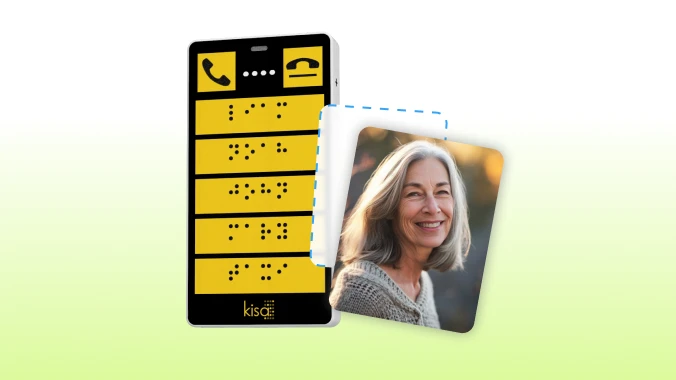 KISA Phone displaying Braille interface next to a smiling elderly woman's photo, highlighting accessibility features for visually impaired users