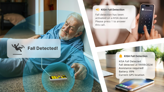 Composite image showing an elderly man who has fallen on stairs, with digital icons indicating emergency response activation, and a woman receiving a fall detection alert on her smartphone, prompting her to take action