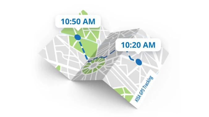 KISA GPS Tracking service displayed on a map with timestamps, showing the tracked movement and location points.