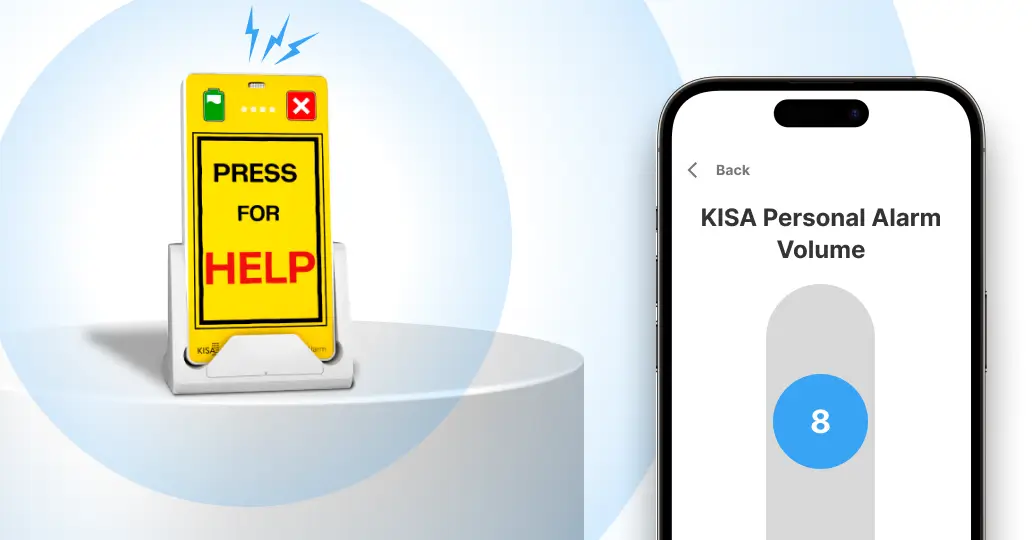 On the left, a KISA Personal Alarm symbols indicating loud ringing. On the right, a smartphone screen shows the 'KISA Personal Alarm Volume' setting at level 8, illustrating remote control of the device's volume