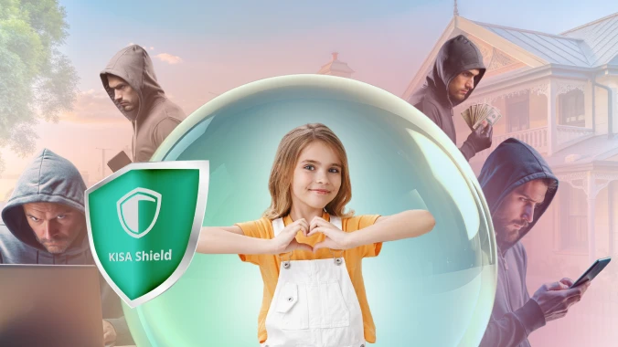 A young girl inside a protective bubble, forming a heart shape with her hands, flanked by shadowy figures depicting potential threats. The KISA Shield logo prominently displayed, symbolizing security and protection against these threats.