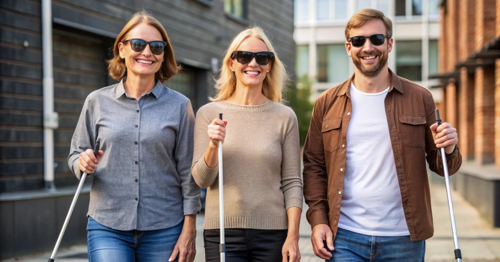 Three people, two women and a man, all using white canes and wearing sunglasses, walking confidently on a city street, indicating visual impairment