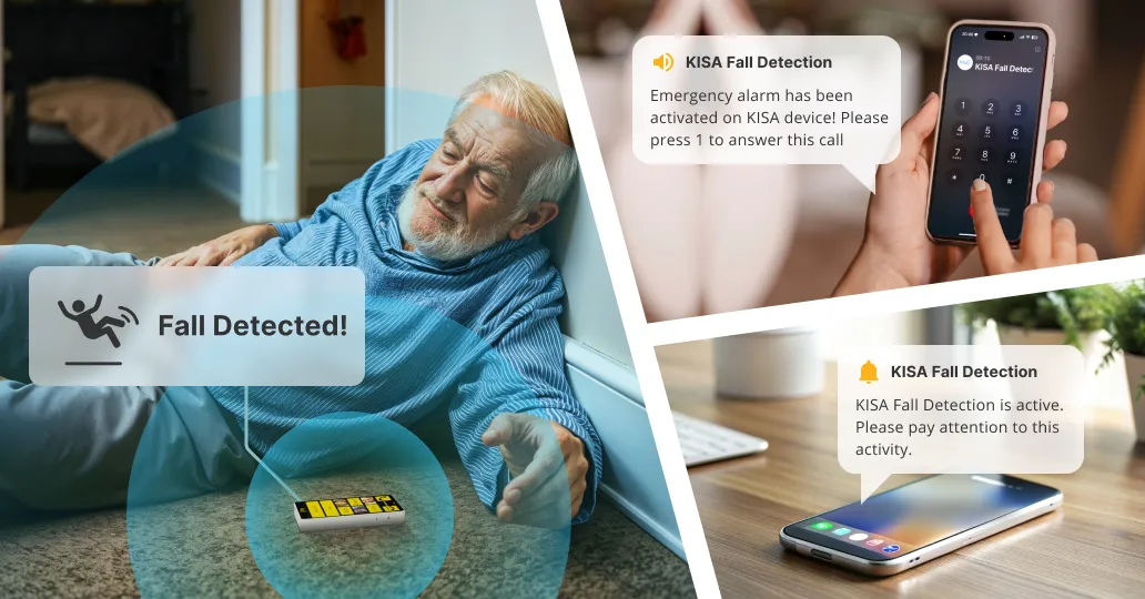 Composite image showing an elderly man who has fallen on stairs, with digital icons indicating emergency response activation, and a woman receiving a fall detection alert on her smartphone, prompting her to take action