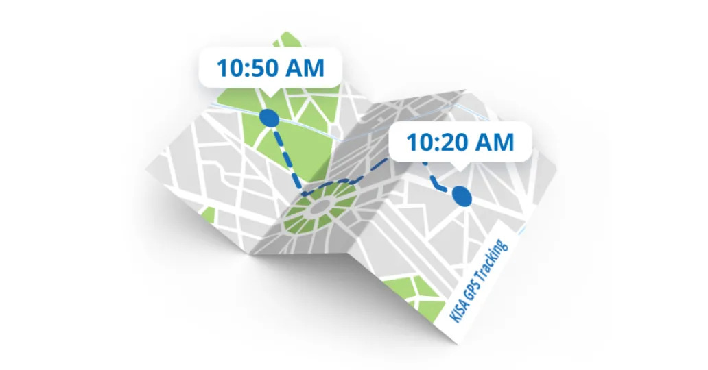 KISA GPS Tracking service displayed on a map with timestamps, showing the tracked movement and location points.