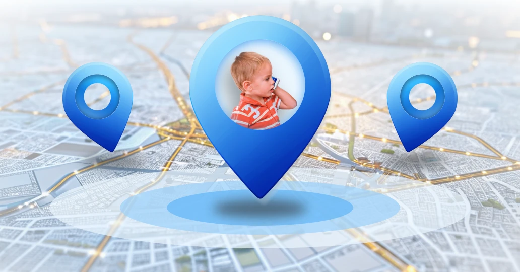 A city map with blue location pins, one featuring a child's image inside it, representing child location tracking technology for enhanced safety