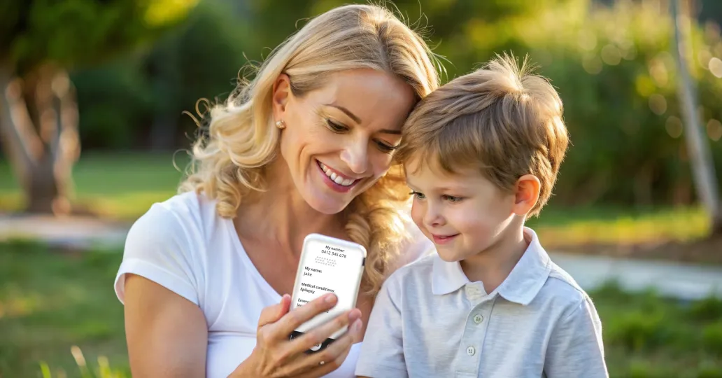 A mother and her young son smiling as they look at the KISA Phone together in a sunlit park, with the back panel displaying personal medical information.