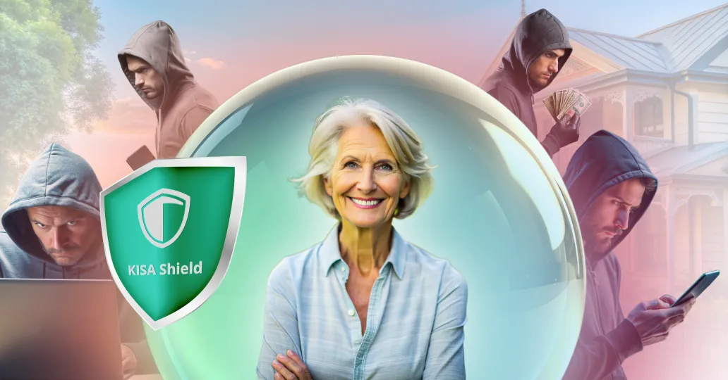 Senior woman smiling confidently within a protective bubble, symbolized by the KISA Shield logo, while shadowy figures engage in suspicious activities in the background, highlighting the safety and security provided by the service