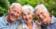 Three joyful elderly friends, two men and a woman, smiling broadly in a close embrace outdoors, depicting happiness and companionship in their later years