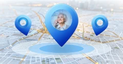 City map with blue location pins highlighting the position of an elderly woman, symbolizing location tracking for safety and connectivity.