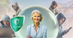 Senior woman smiling confidently within a protective bubble, symbolized by the KISA Shield logo, while shadowy figures engage in suspicious activities in the background, highlighting the safety and security provided by the service.