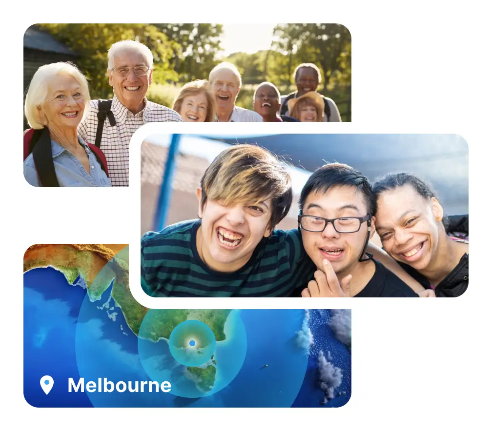 A collage of three images: at the top, a group of joyful elderly friends outdoors; in the middle, three young adults laughing together; and at the bottom, a graphic showing Melbourne, Australia, with a map marker over it, illustrating a diverse community connected by location