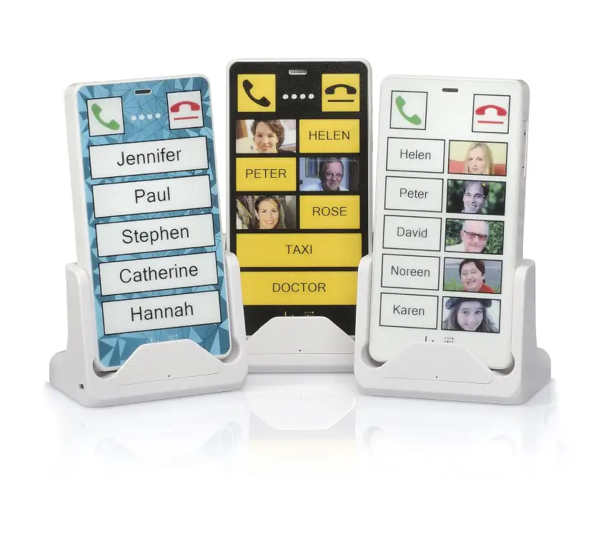 KISA Phone on cradle with large yellow buttons for easy contact access, designed for seniors or those with accessibility needs.