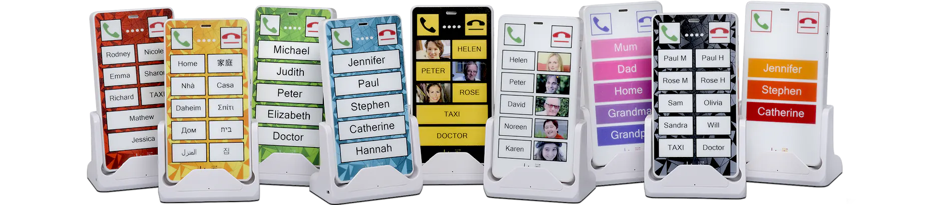 KISA Phone on cradle with large yellow buttons for easy contact access, designed for seniors or those with accessibility needs.