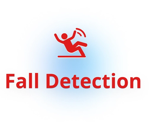 A red Fall Detection icon depicting a person falling backward and motion lines conveying movement or imbalance, serving as a visual alert for fall detection