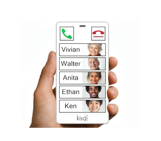 White KISA Phone showing contact list with large photos and names including Vivian, Walter, Anna, Ethan, and Ken for easy navigation