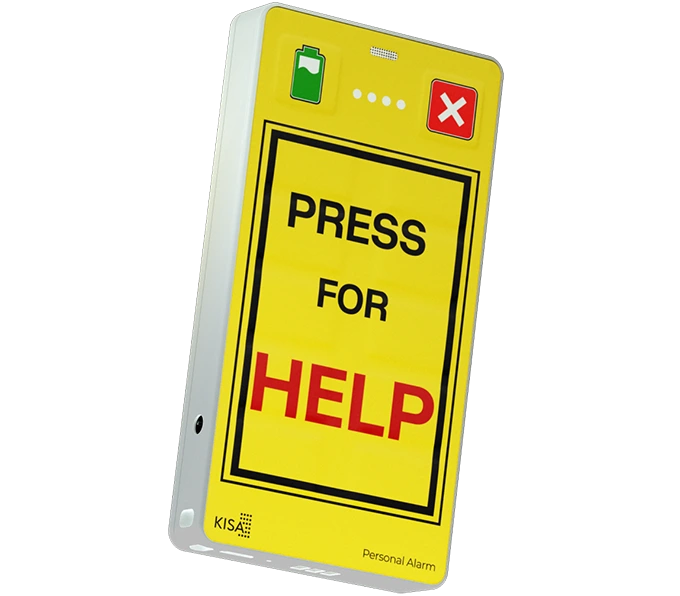 Yellow KISA Personal Alarm device with large red text that says 'PRESS FOR HELP' text for emergency assistance