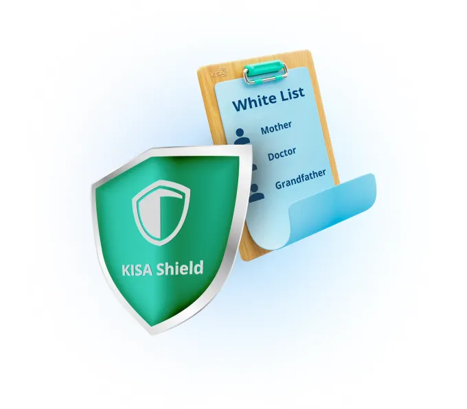 KISA Shield logo next to a clipboard displaying a whitelist of trusted contacts, displaying the service’s call protection feature.