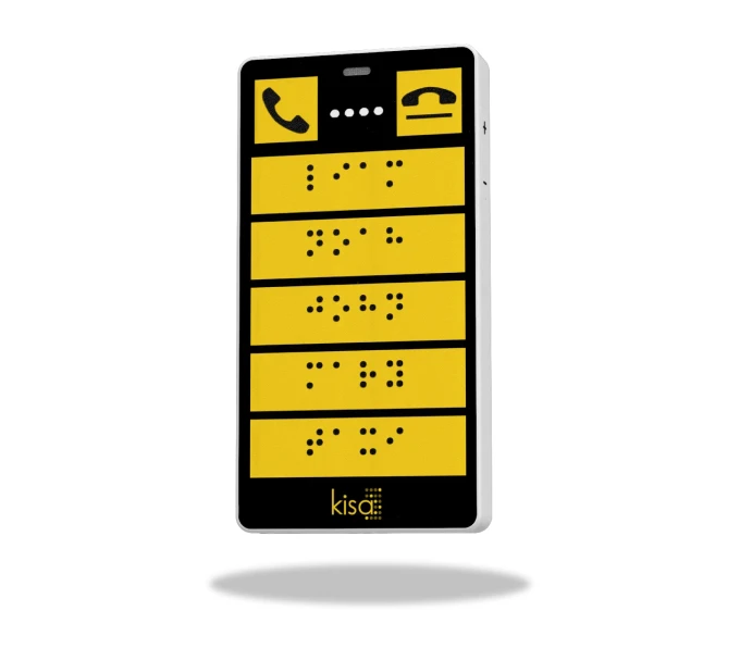 Close-up of a KISA Phone displaying its interface with large yellow buttons and Braille, emphasizing accessibility features for visually impaired users.