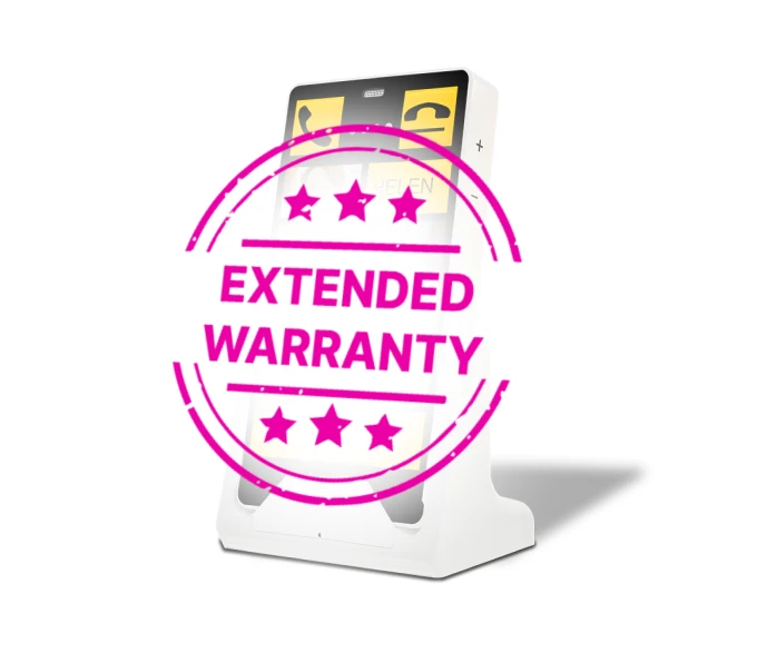 KISA Phone on a cradle with an 'Extended Warranty' stamp overlay, highlighting the extended warranty offer