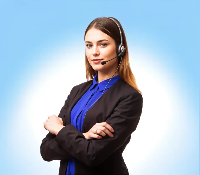 Confident customer service representative wearing a headset and business attire, ready to assist