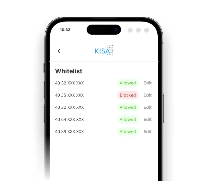 Smartphone screen displaying the KISA Shield's feature with various phone numbers marked as 'Allowed' or 'Blocked', allowing for easy management of incoming calls.