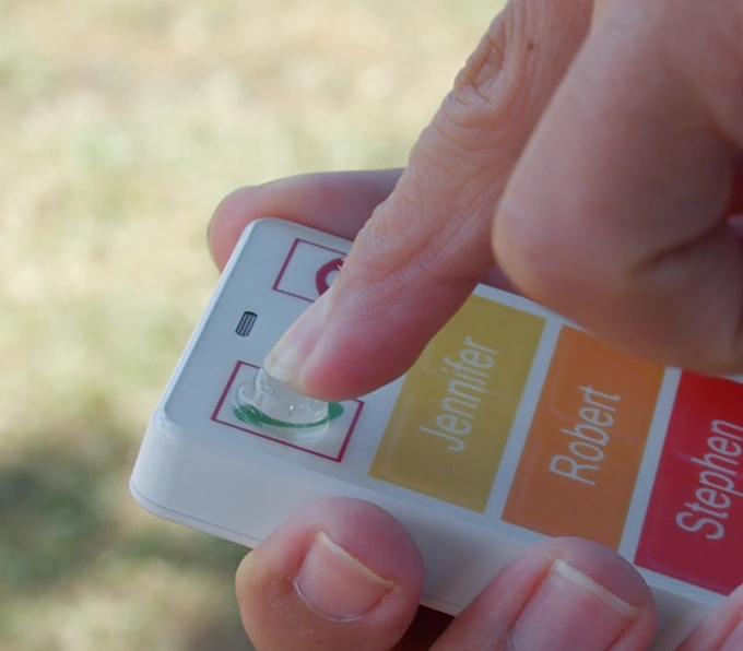 White KISA Phone showing contact list with large photos and names including Vivian, Walter, Anna, Ethan, and Ken for easy navigation