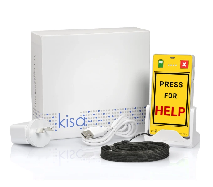 KISA Personal Alarm on cradle with box, charger, and lanyard included, showing easy contact buttons for seniors