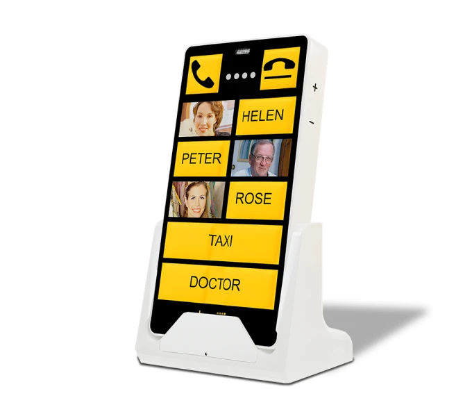 KISA Phone on cradle with large yellow buttons for easy contact access, designed for seniors or those with accessibility needs.