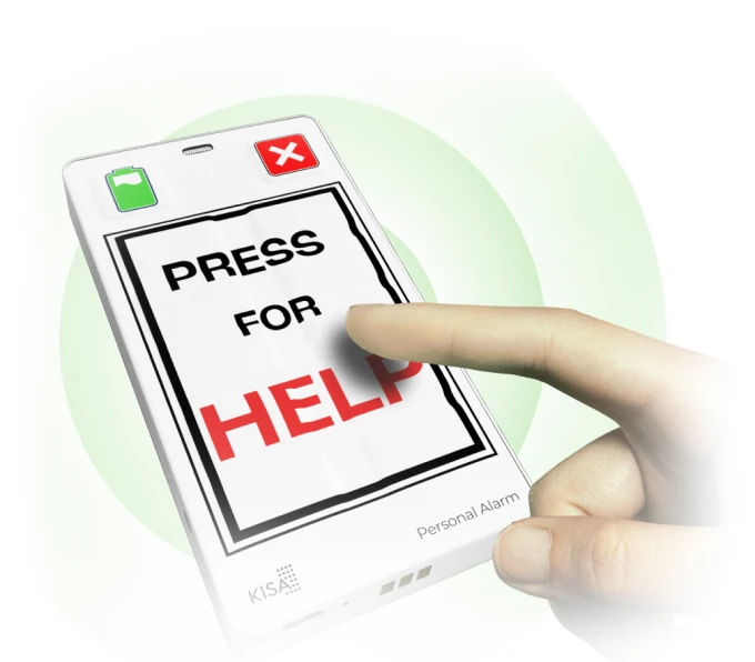 Hand pressing the 'Press for Help' button on a KISA personal alarm device, highlighting its emergency function