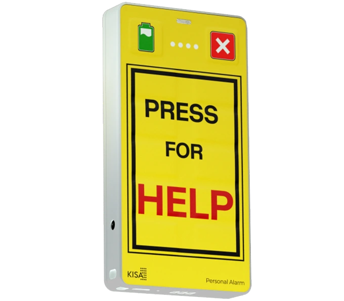 Yellow KISA Personal Alarm device with large red text that says 'PRESS FOR HELP' text for emergency assistance