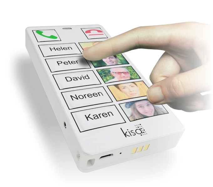 Close-up of a hand pressing the 'Peter' contact button on a KISA Phone, showcasing the large, easy-to-press buttons with names and photos.