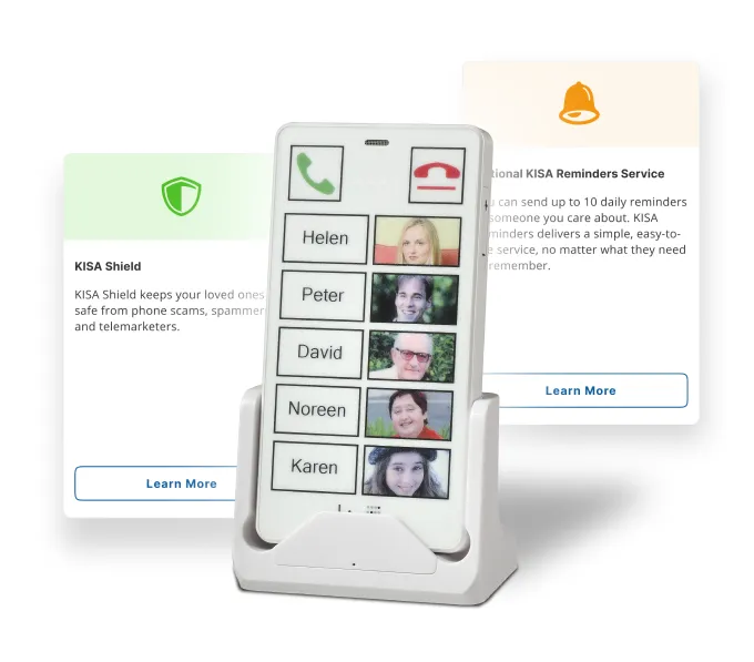 a KISA Phone on its charging cradle, surrounded by sections describing KISA services like KISA Shield and Reminder Services.