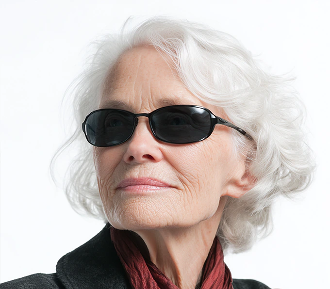 Senior woman with white hair wearing dark sunglasses representing KISA vision support devices for people with low vision or blindness