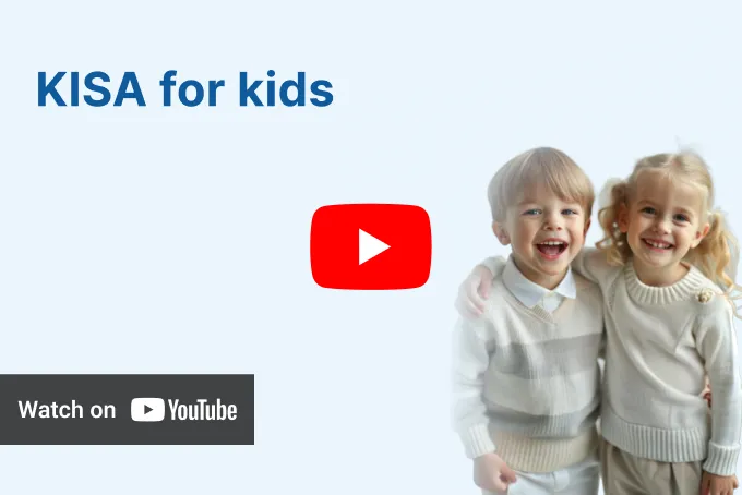 Two young children, a boy and a girl, laughing together, under the text 'KISA for kids' and a 'Watch on YouTube' button.