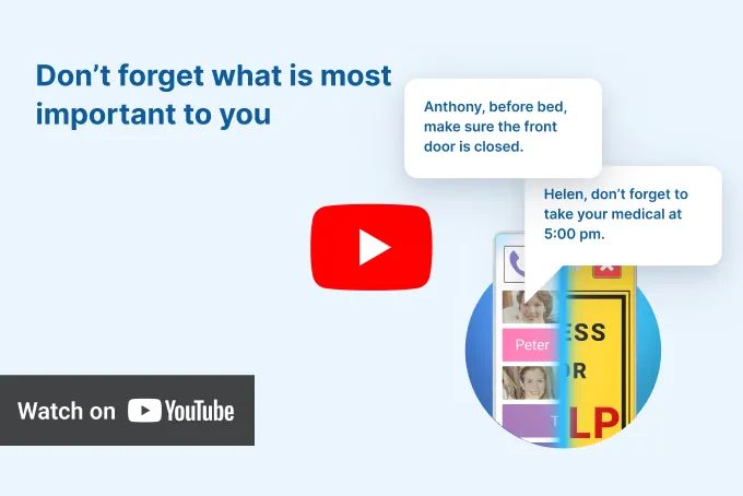 Blue background with KISA reminder notifications for Anthony and Helen, featuring text 'Don’t forget what is most important to you' and a 'Watch on YouTube' button