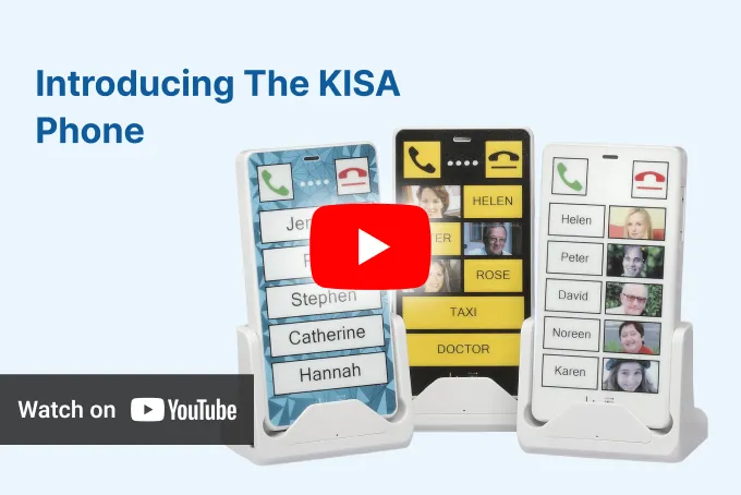 KISA Phone on cradle with large yellow buttons for easy contact access, designed for seniors or those with accessibility needs.