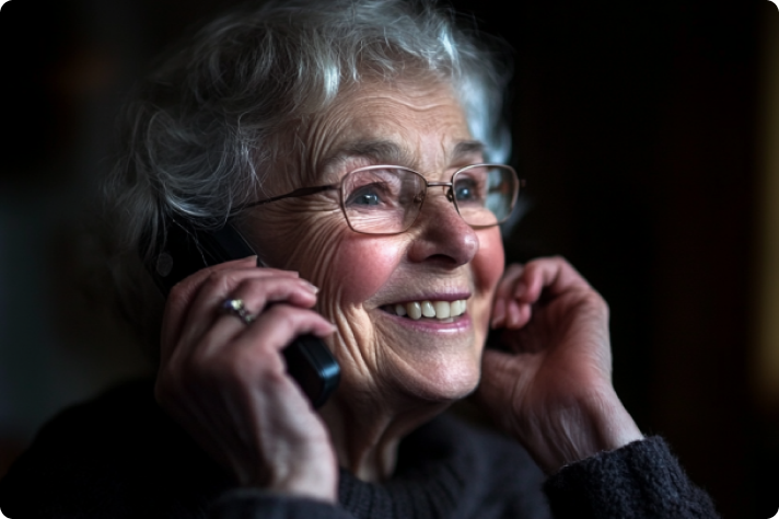 Elderly woman smiling while talking on the phone.