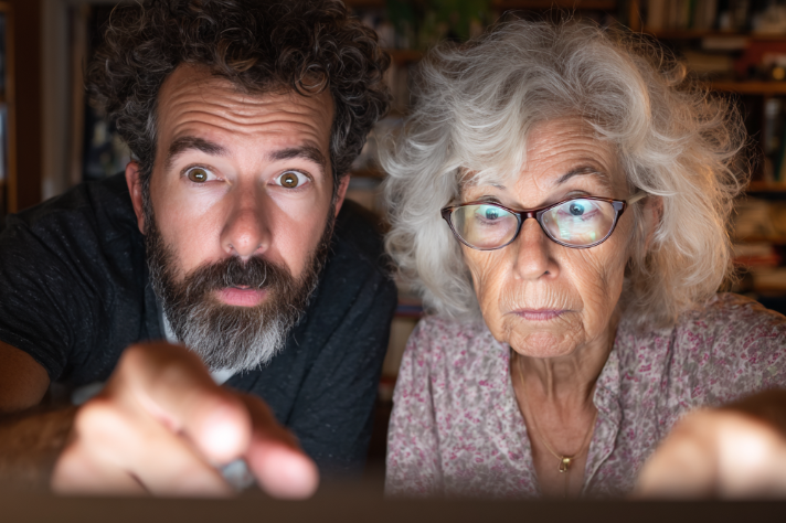 son pointing at monitor showing mum how it works