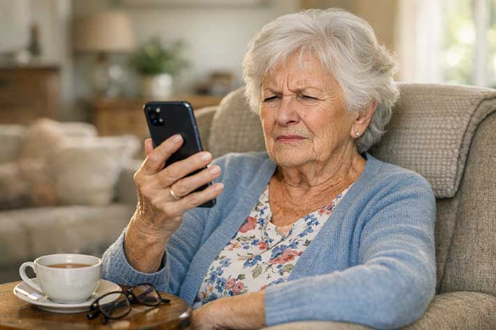 Elderly Australian woman looking confused while trying to use a smartphone at home