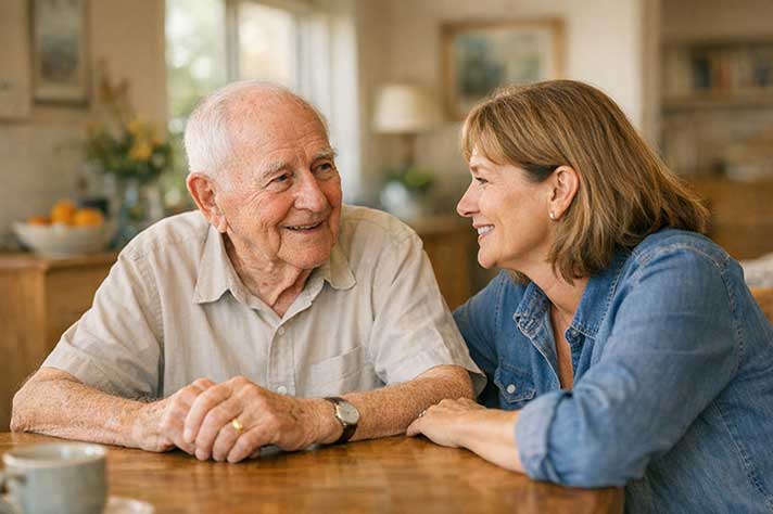 Adult daughter sitting with her elderly father at a kitchen table, having a warm conversation about choosing the right phone