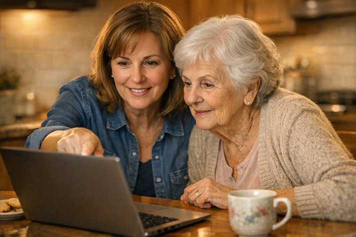 A woman in her 50s and her elderly mother researching personal alarms together at a kitchen table