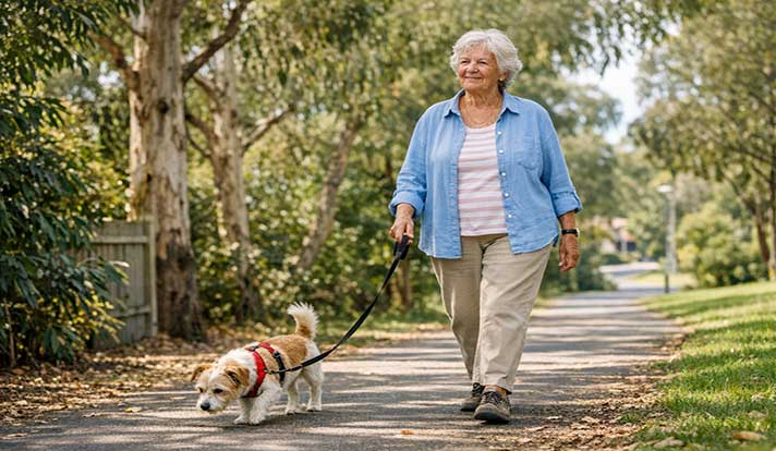 Elderly woman on a relaxed walk along a leafy suburban Australian street, looking confident and unhurried