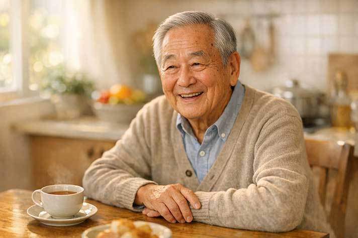 An elderly East Asian man sitting comfortably at home, looking calm and connected, in a warm and reassuring domestic scene